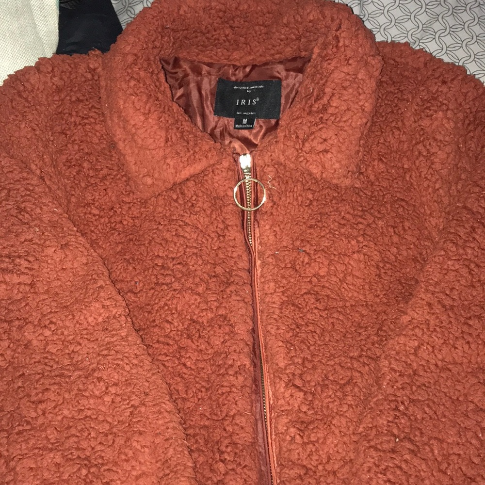 burnt orange fluffy teddy jacket
